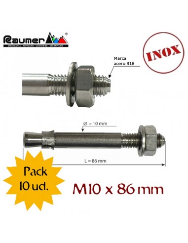 pack 10 tornillos expansión inox. m10 x 86 mm - raumer