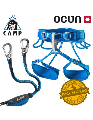 pack arnés twist quattro + disipador para ferrata kinetic rewind - ocun / camp