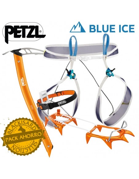 pack arnés choucas light de blue ice + crampones leopard leverlock fil + piolet ride de petzl
