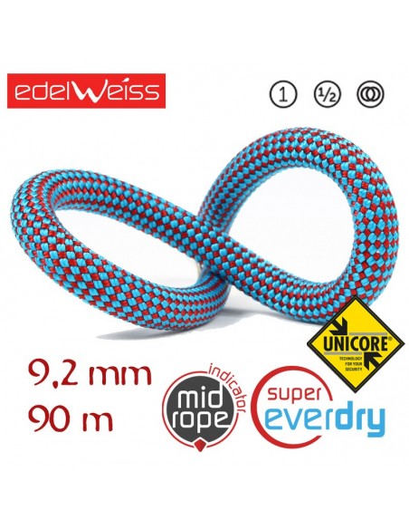 performance 9,2 mm unicore supereverdry - cuerda triple homologación 90 m (azul) - edelweiss
