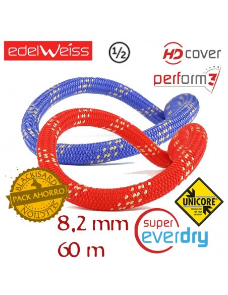pack 2 cuerdas dobles de 60 m oxygen ii 8,2 mm supereverdry (azul y roja) - edelweiss