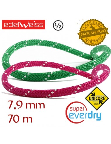 pack 2 cuerdas medias 70 m elite 7,9 mm supereverdry (rosa y verde) - edelweiss