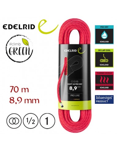 swift 48 pro dry 8,9 mm (pink) - cuerda de triple certificación 70 m - edelrid