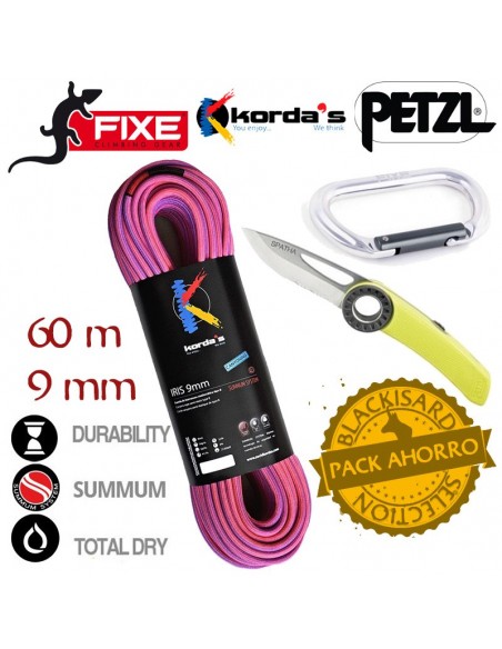 pack iris 60m 9mm + navaja spatha + mosquetón oval symmetric - korda's/petzl/fixe