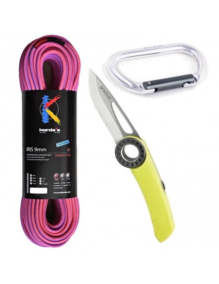 pack iris 60m 9mm + navaja spatha + mosquetón oval symmetric - korda's/petzl/fixe